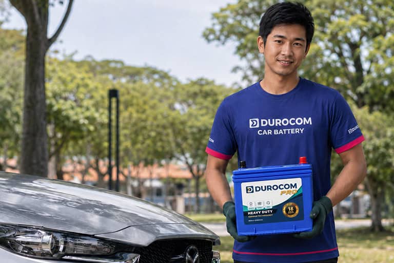 Technician arriving with a Durocom battery